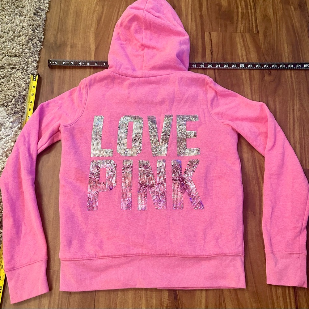 💕Fur Victoria’s Secret "LOVE PINK" Sequin Fully Lined Faux Fur Hooded Jacket Y2K